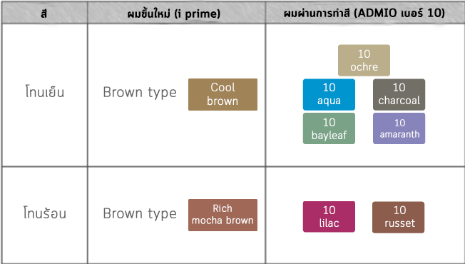 ตารางอัตราผสมที่แนะนำ ปริมาณผมขาวประมาณ 10%～20%